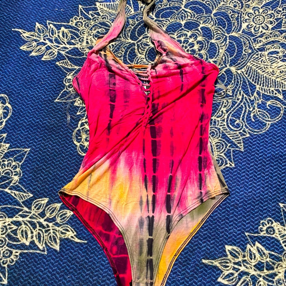 Tie dye, slit-weave body suit